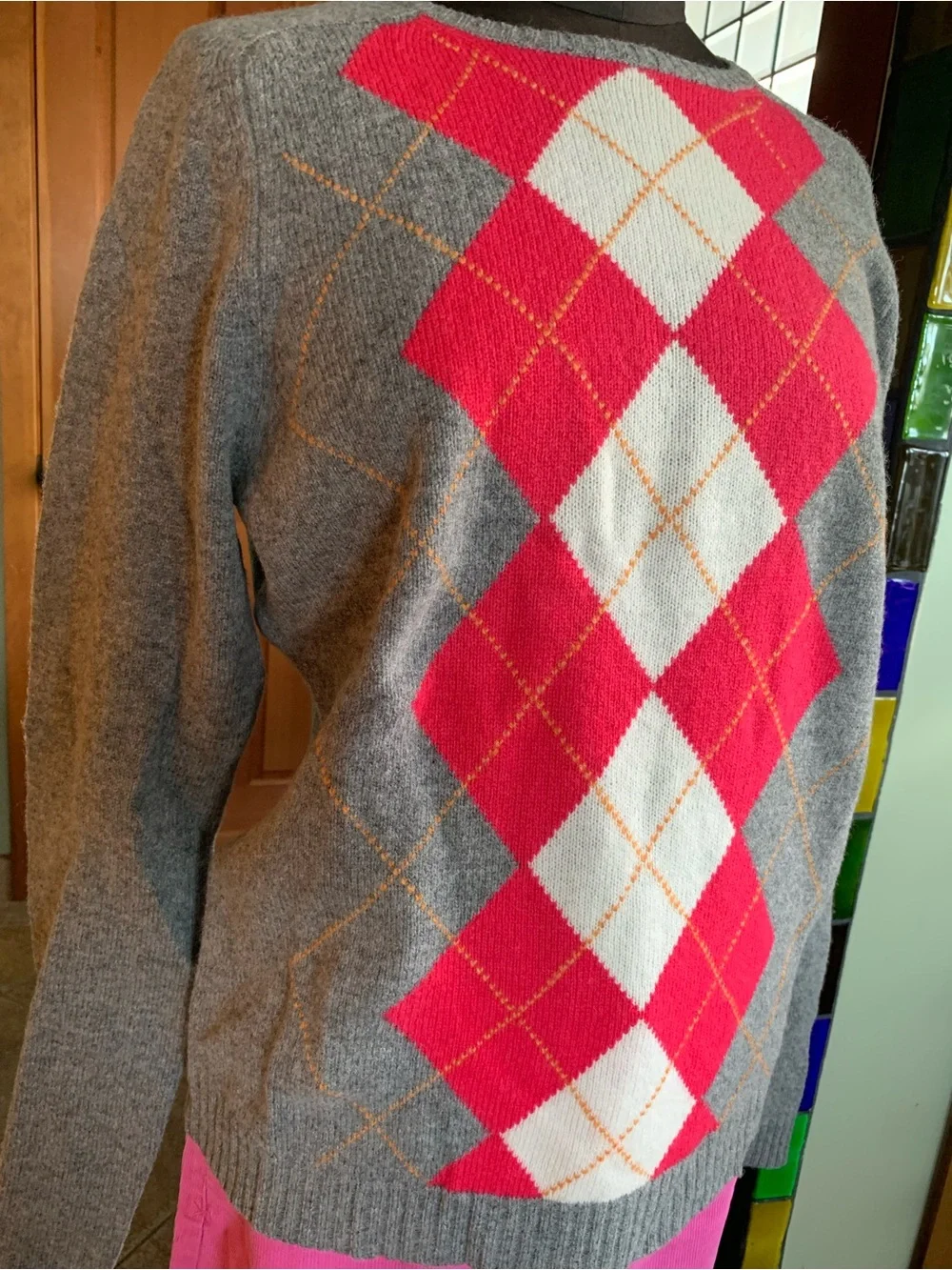 J CREW 100% LAMBS WOOL ARGYLE PULLOVER SWEATER NWT XL Women's Gray  Pink Diamond